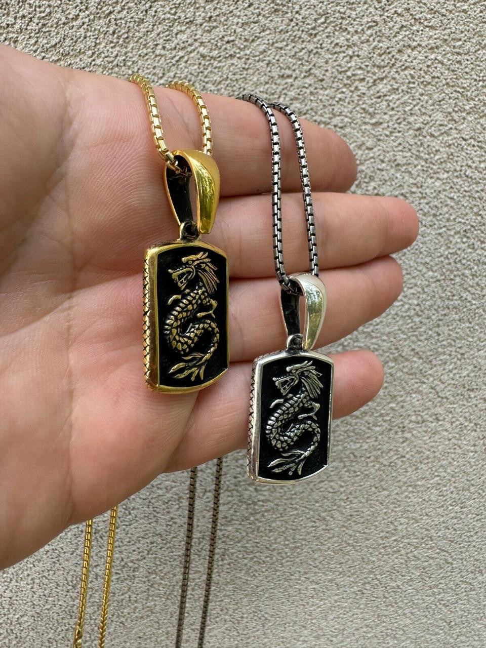 Lucky Dragon Dog Tag Pendant - 14k Gold Vermeil Or Oxidized 925 Silver - Medium 1.75"