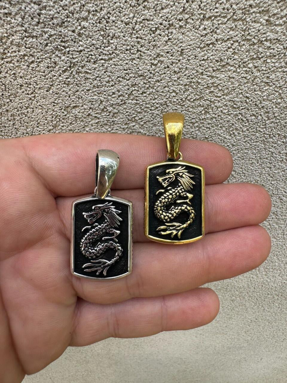 Lucky Dragon Dog Tag Pendant - 14k Gold Vermeil Or Oxidized 925 Silver - Medium 1.75"