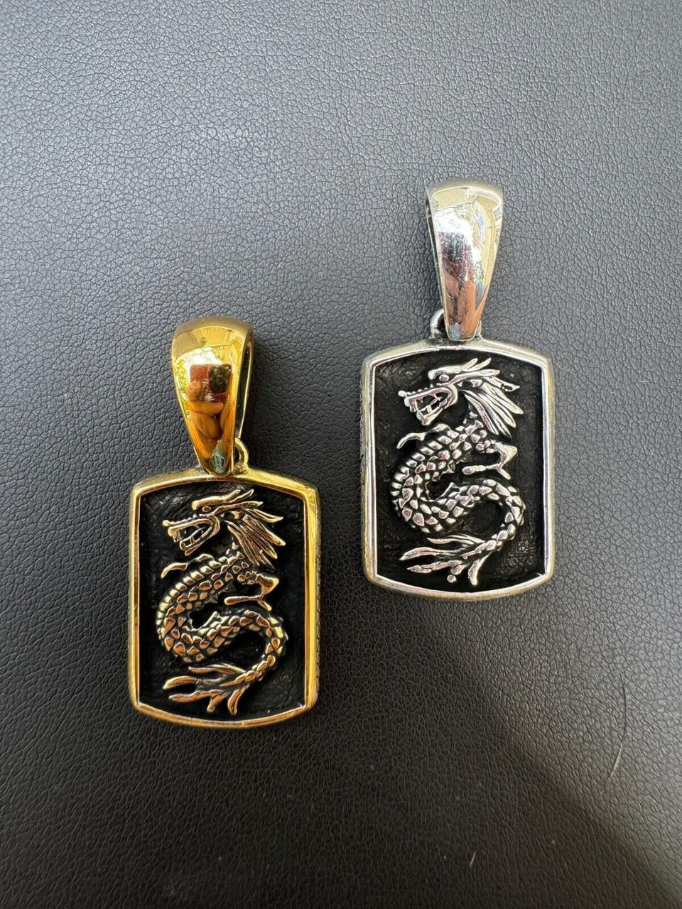 Lucky Dragon Dog Tag Pendant - 14k Gold Vermeil Or Oxidized 925 Silver - Medium 1.75"