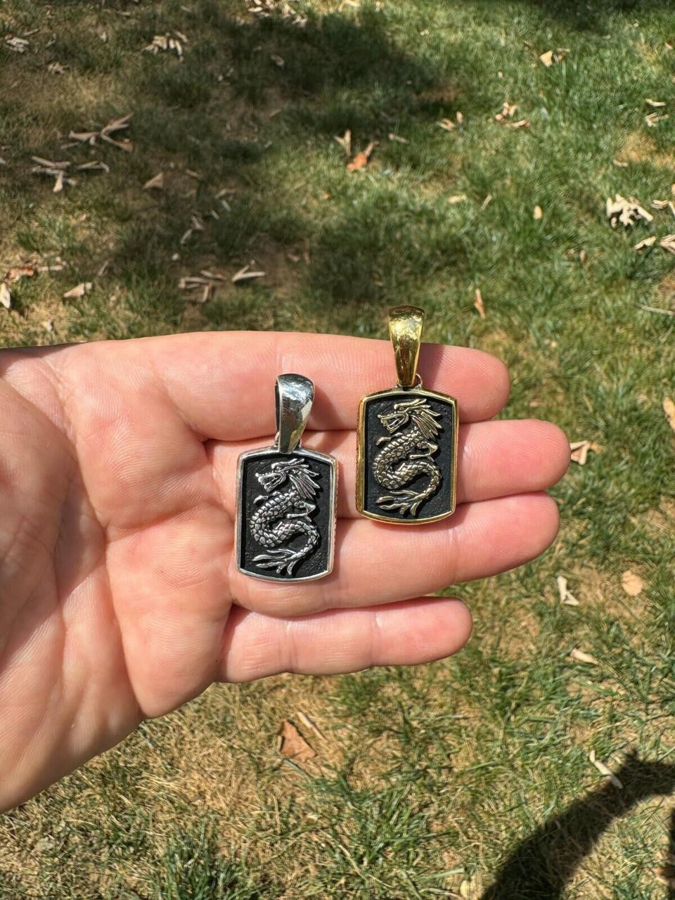 Lucky Dragon Dog Tag Pendant - 14k Gold Vermeil Or Oxidized 925 Silver - Medium 1.75"