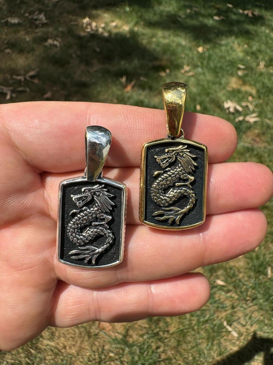 Lucky Dragon Dog Tag Pendant - 14k Gold Vermeil Or Oxidized 925 Silver - Medium 1.75"