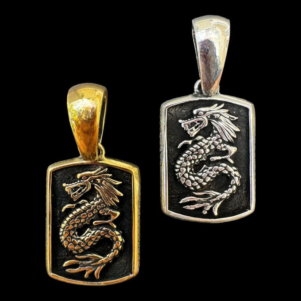 Lucky Dragon Dog Tag Pendant - 14k Gold Vermeil Or Oxidized 925 Silver - Medium 1.75"