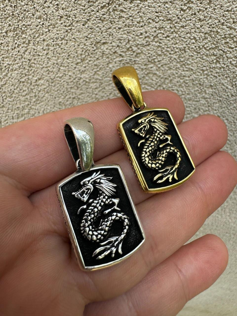 Lucky Dragon Dog Tag Pendant - 14k Gold Vermeil Or Oxidized 925 Silver - Medium 1.75"