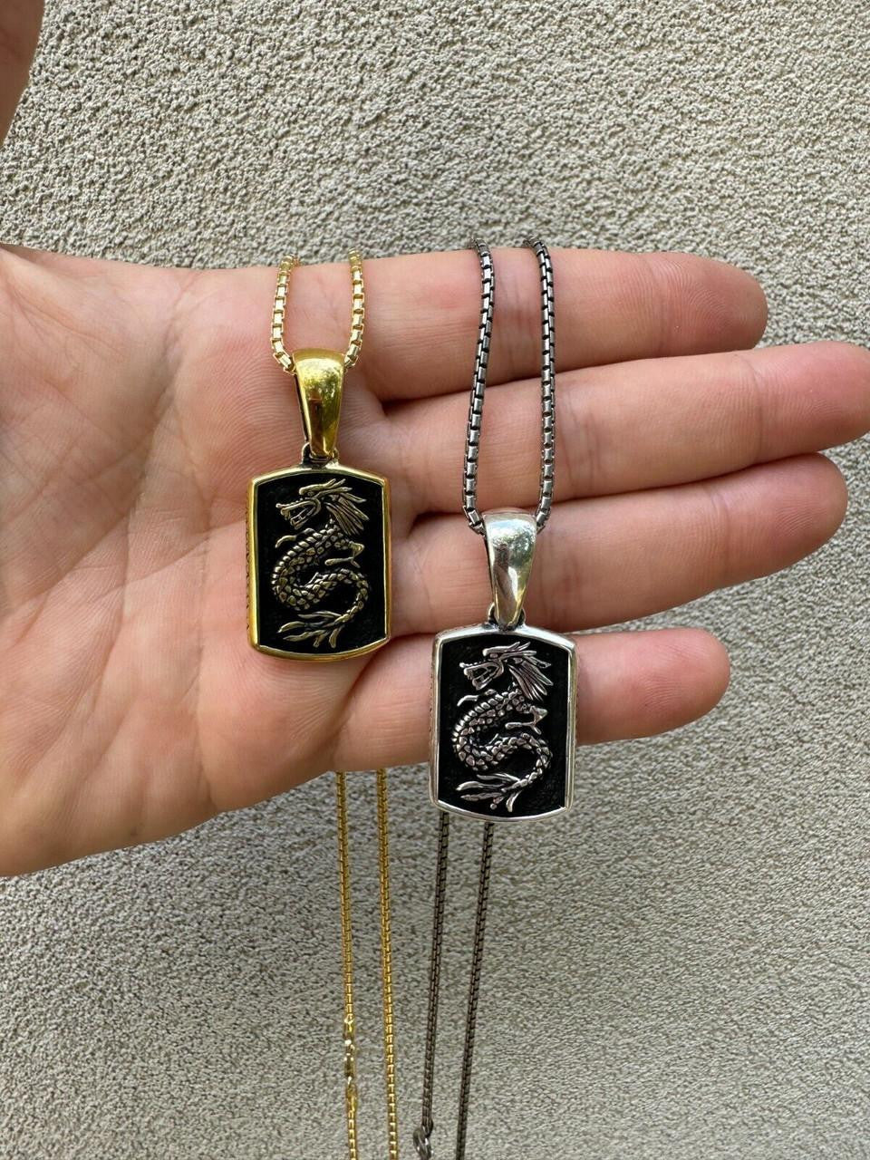 Lucky Dragon Dog Tag Pendant - 14k Gold Vermeil Or Oxidized 925 Silver - Medium 1.75"