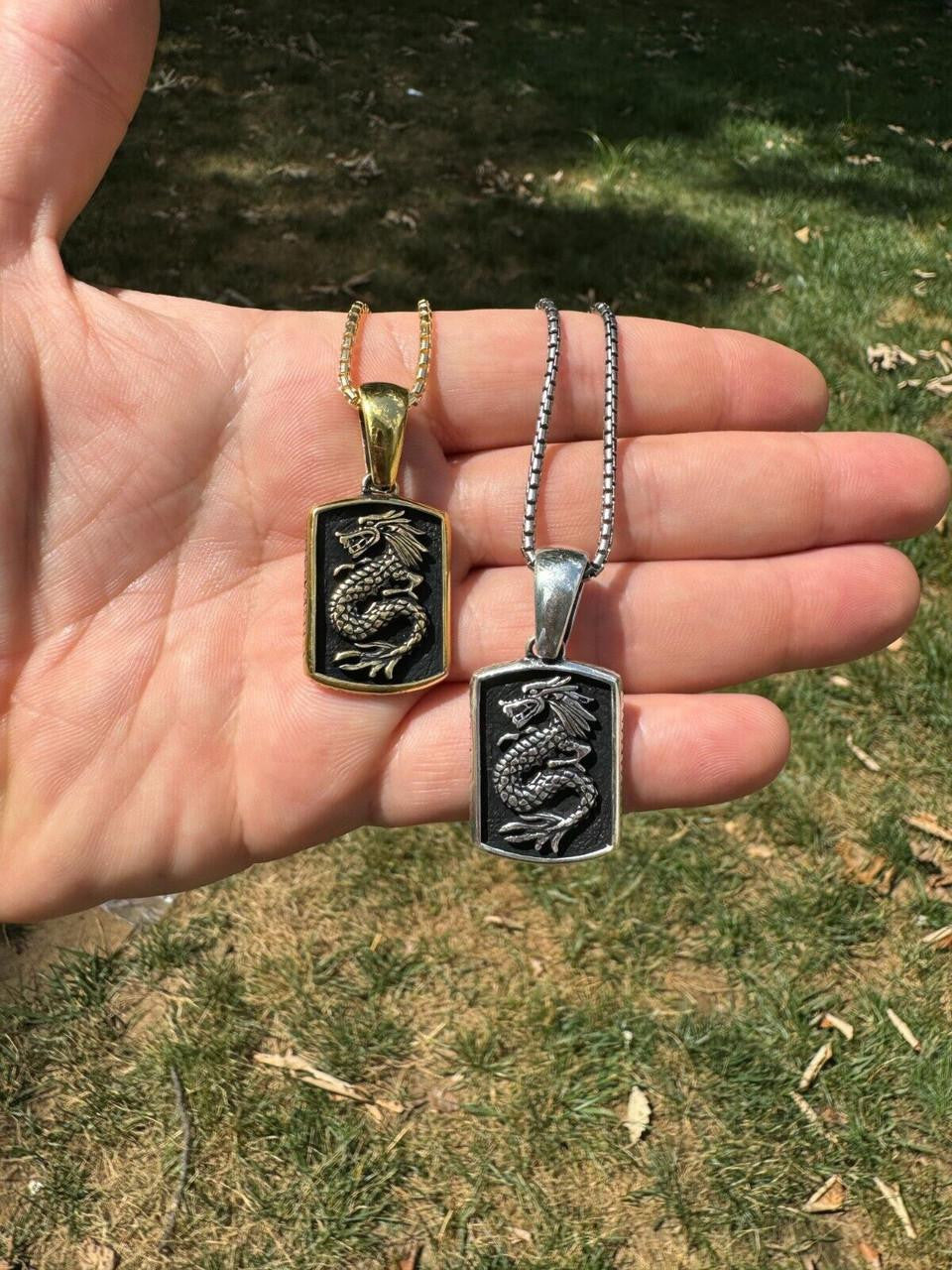 Lucky Dragon Dog Tag Pendant - 14k Gold Vermeil Or Oxidized 925 Silver - Medium 1.75"
