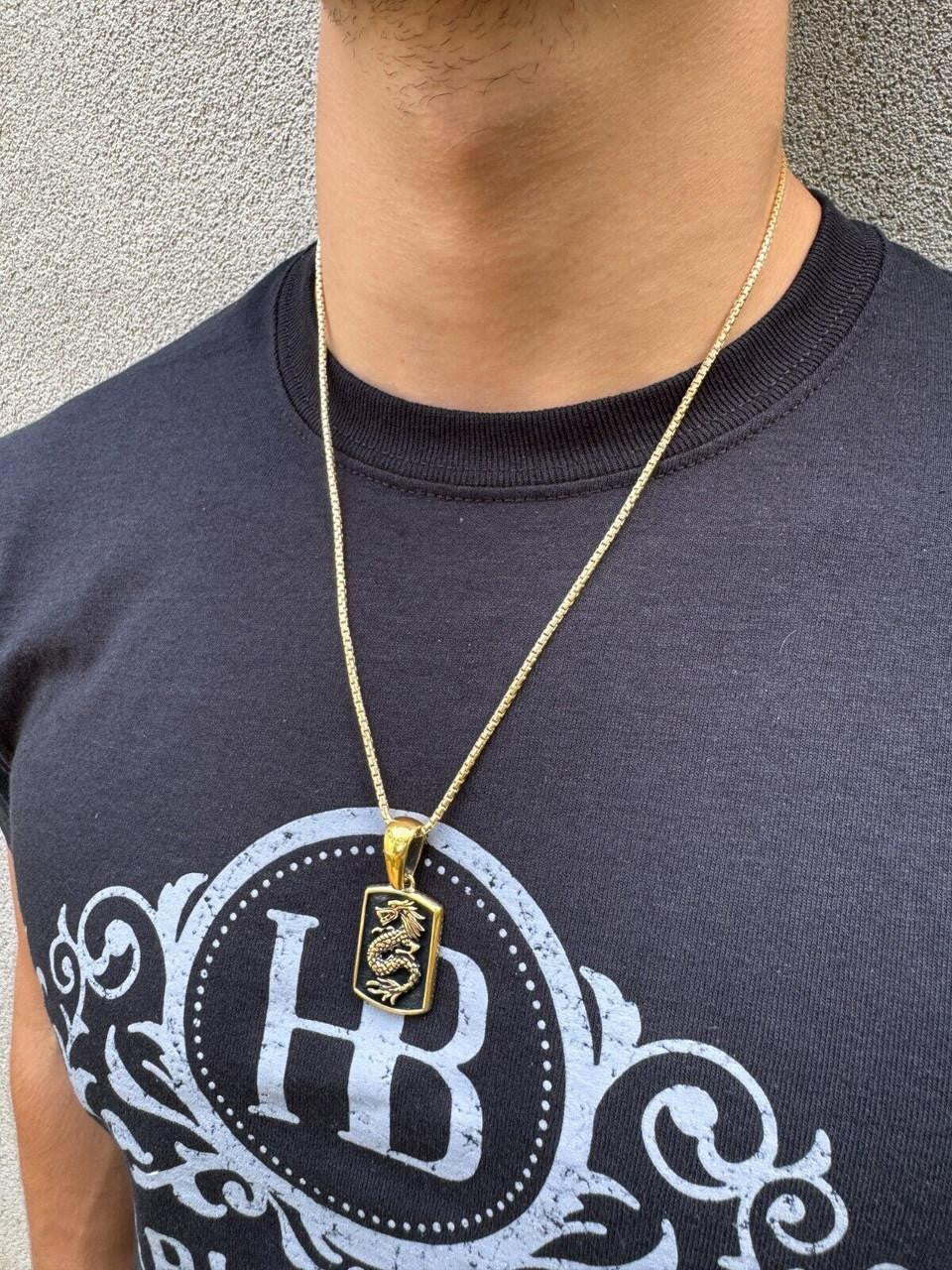 Lucky Dragon Dog Tag Pendant - 14k Gold Vermeil Or Oxidized 925 Silver - Medium 1.75"