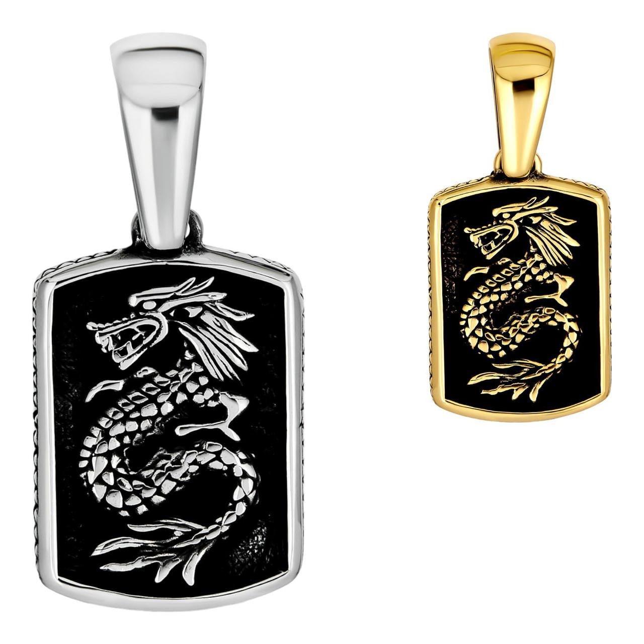 Lucky Dragon Dog Tag Pendant - 14k Gold Vermeil Or Oxidized 925 Silver - Medium 1.75"