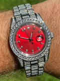 Men Red Dial Presidential Real SS 41mm Watch Fully Iced 12ct Flooded Out Diamond