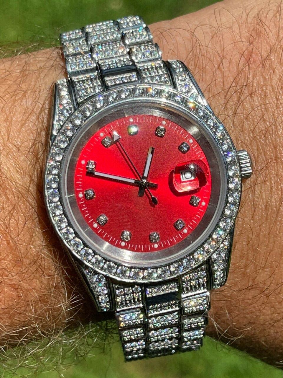 Men Red Dial Presidential Real SS 41mm Watch Fully Iced 12ct Flooded Out Diamond