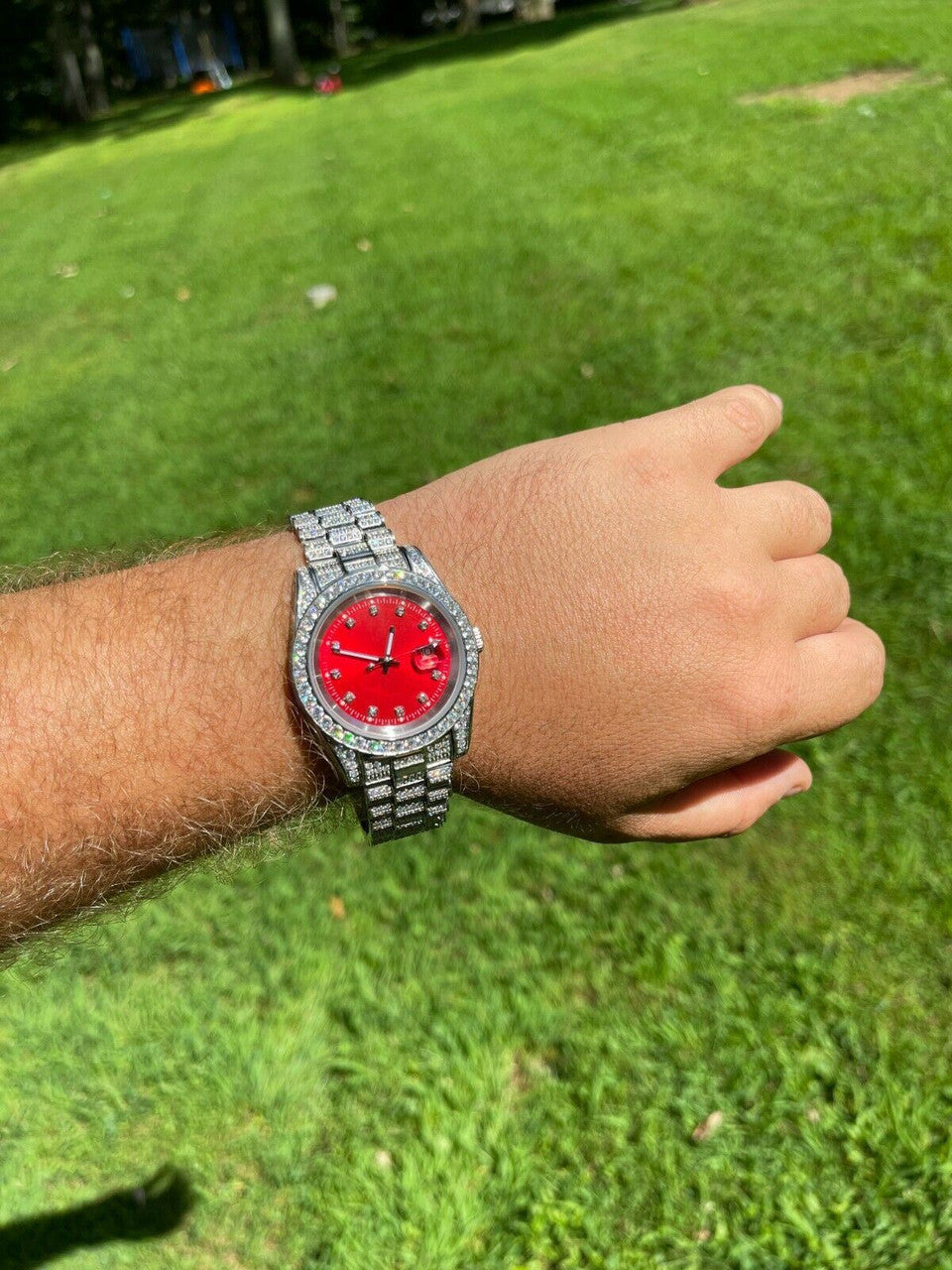 Men Red Dial Presidential Real SS 41mm Watch Fully Iced 12ct Flooded Out Diamond