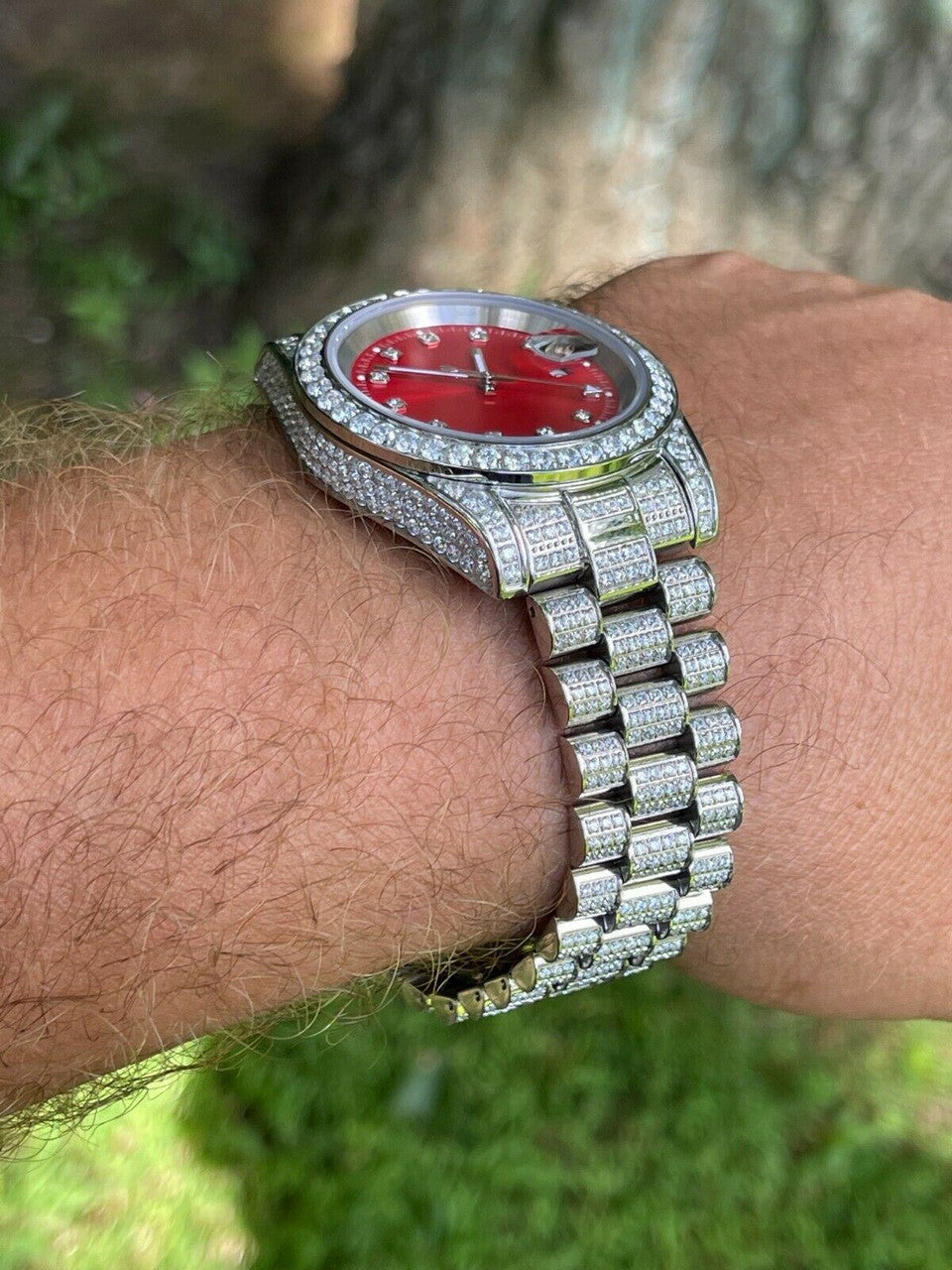 Men Red Dial Presidential Real SS 41mm Watch Fully Iced 12ct Flooded Out Diamond