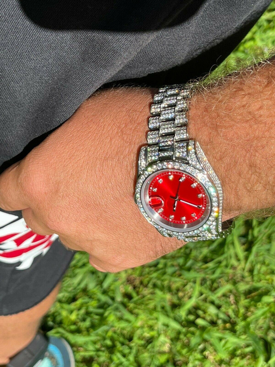 Men Red Dial Presidential Real SS 41mm Watch Fully Iced 12ct Flooded Out Diamond