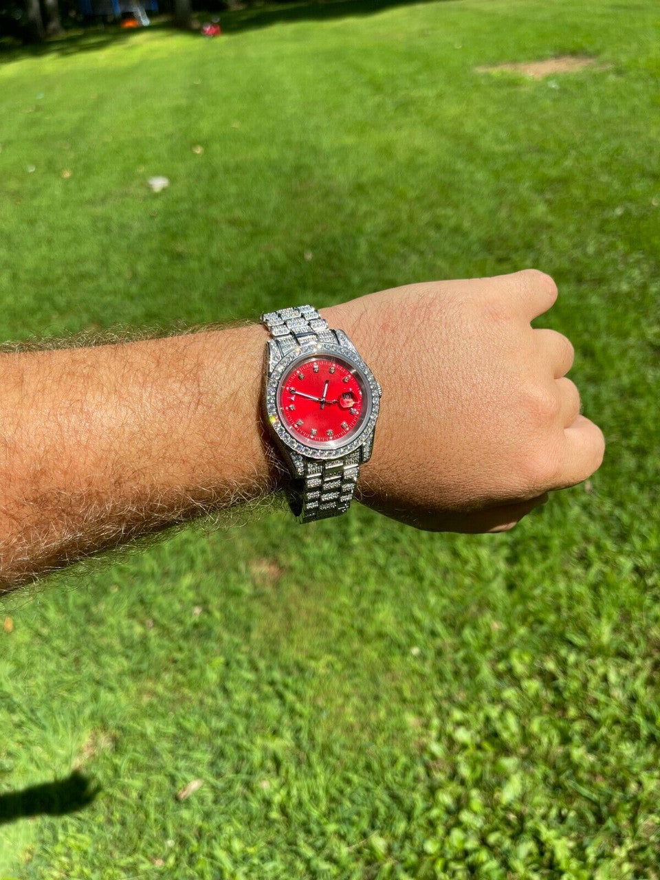 Men Red Dial Presidential Real SS 41mm Watch Fully Iced 12ct Flooded Out Diamond
