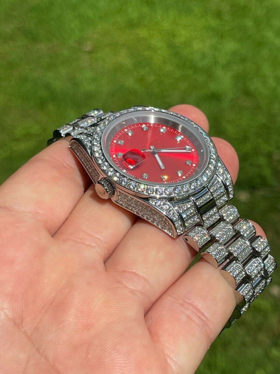 Men Red Dial Presidential Real SS 41mm Watch Fully Iced 12ct Flooded Out Diamond