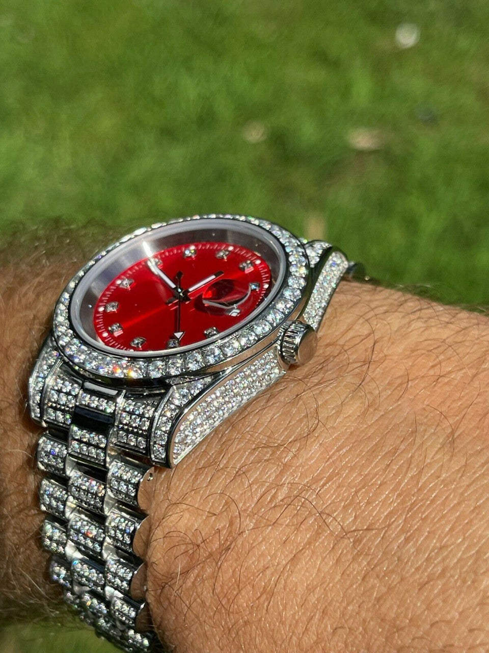 Men Red Dial Presidential Real SS 41mm Watch Fully Iced 12ct Flooded Out Diamond