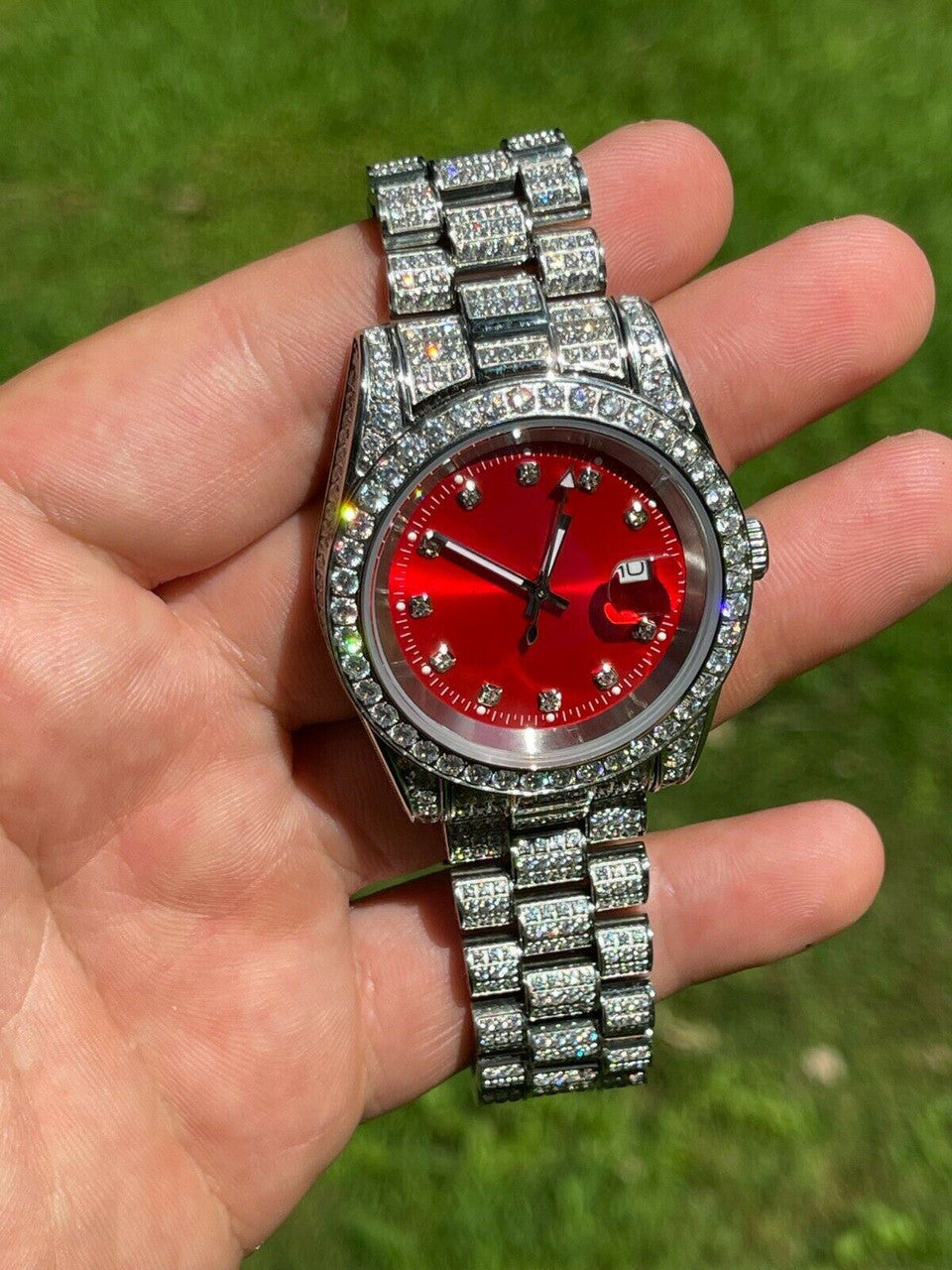Men Red Dial Presidential Real SS 41mm Watch Fully Iced 12ct Flooded Out Diamond