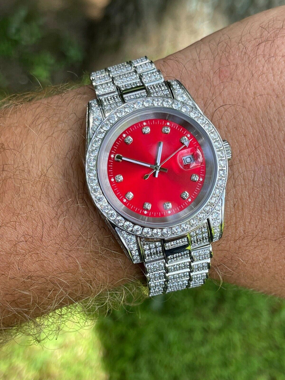 Men Red Dial Presidential Real SS 41mm Watch Fully Iced 12ct Flooded Out Diamond