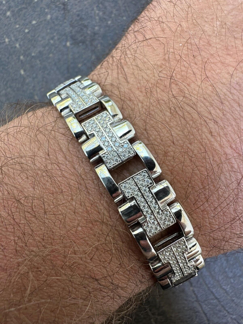 Custom Hermes Presidential Link Bracelet Iced Out CZ Stones - 925 Silver - 12mm - 7.5"-8.5"