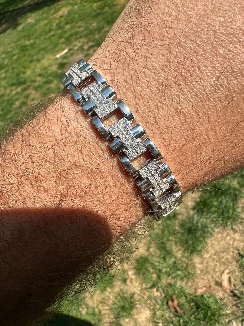 Custom Hermes Presidential Link Bracelet Iced Out CZ Stones - 925 Silver - 12mm - 7.5"-8.5"