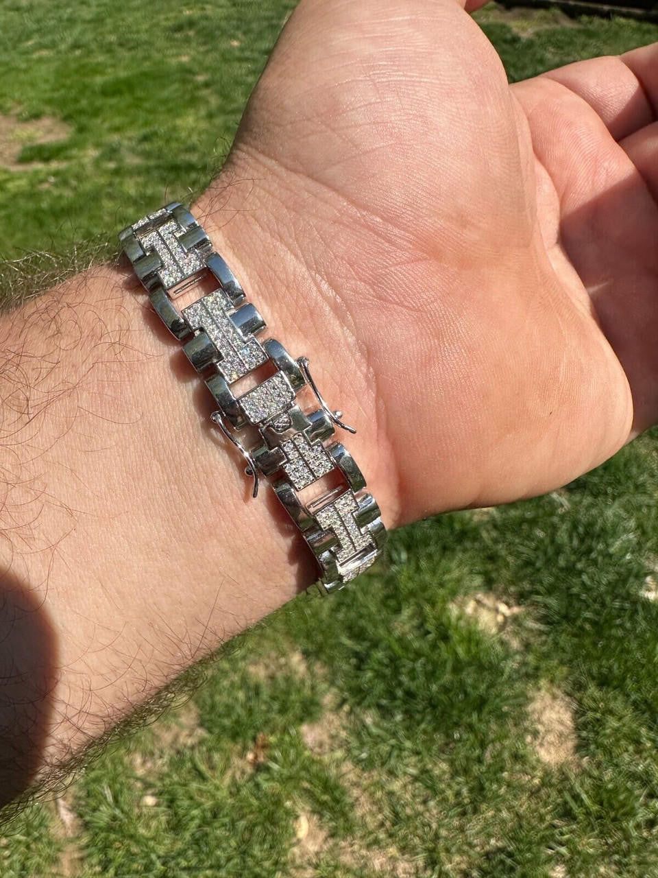 Custom Hermes Presidential Link Bracelet Iced Out CZ Stones - 925 Silver - 12mm - 7.5"-8.5"