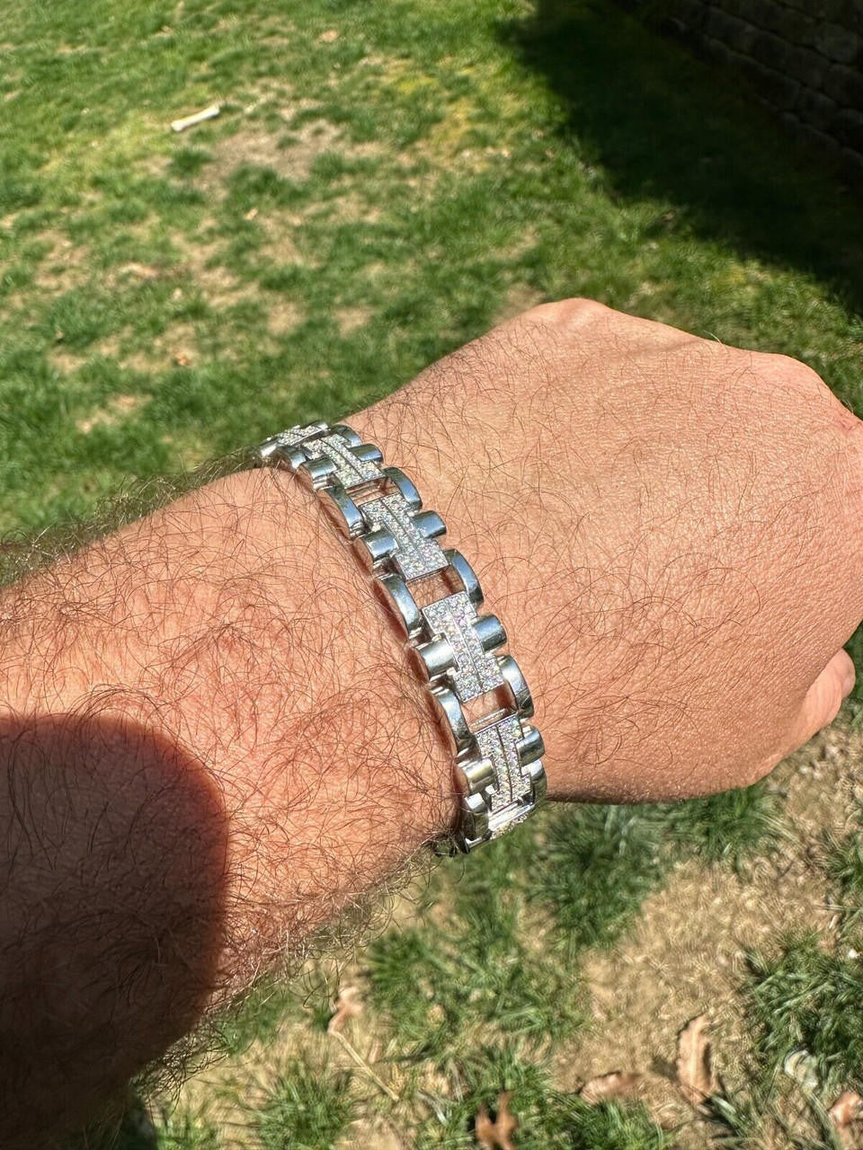 Custom Hermes Presidential Link Bracelet Iced Out CZ Stones - 925 Silver - 12mm - 7.5"-8.5"
