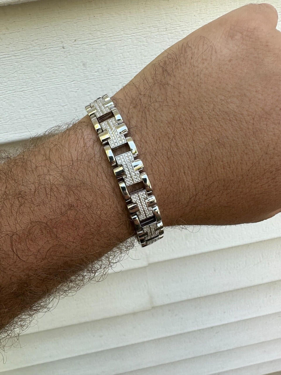 Custom Hermes Presidential Link Bracelet Iced Out CZ Stones - 925 Silver - 12mm - 7.5"-8.5"