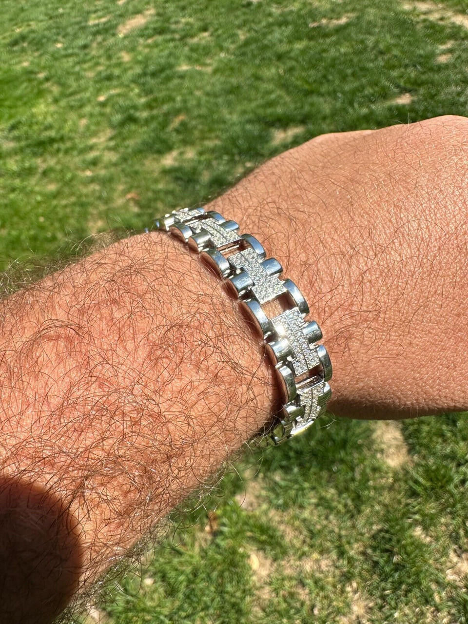 Custom Hermes Presidential Link Bracelet Iced Out CZ Stones - 925 Silver - 12mm - 7.5"-8.5"