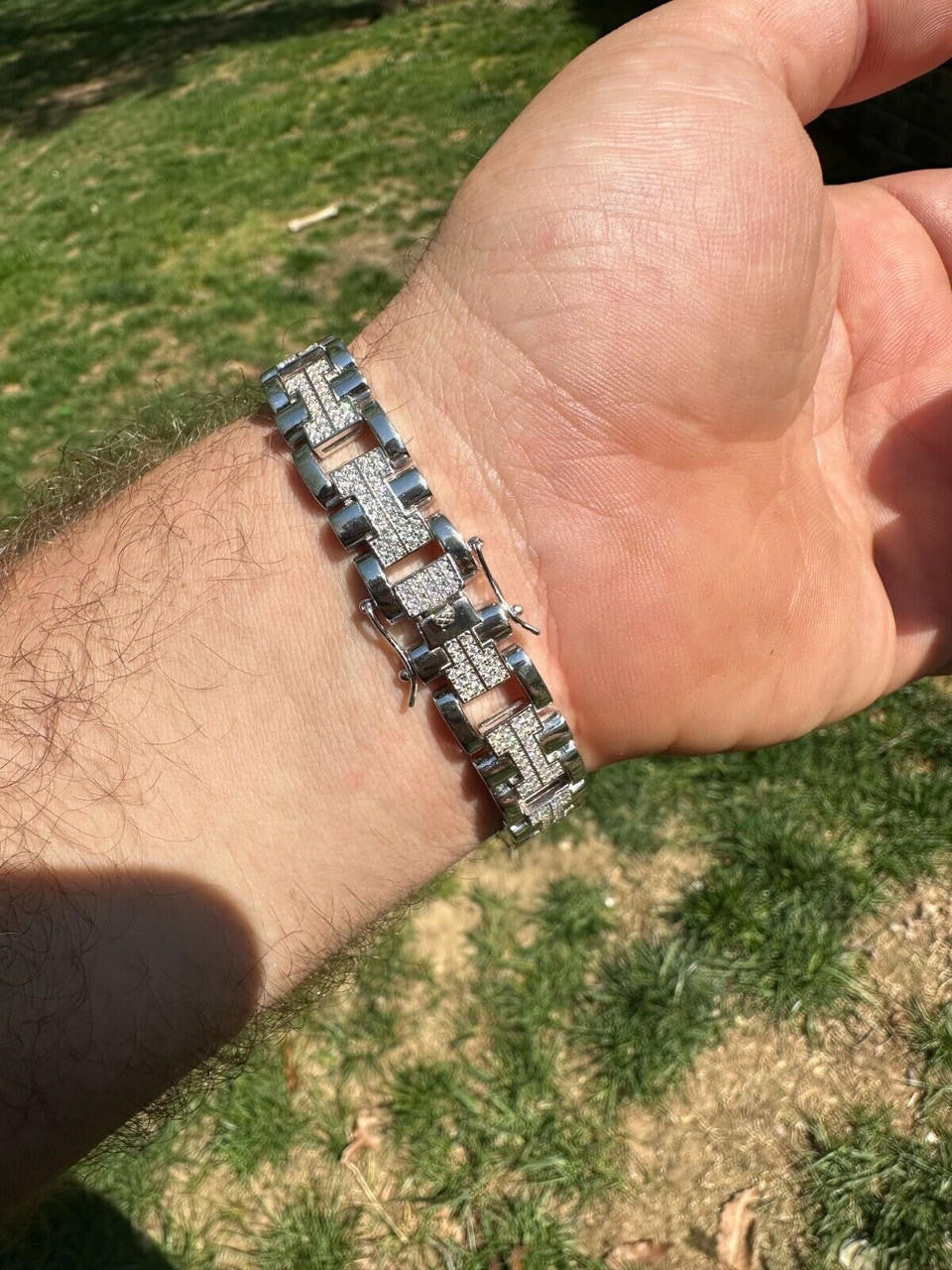 Custom Hermes Presidential Link Bracelet Iced Out CZ Stones - 925 Silver - 12mm - 7.5"-8.5"