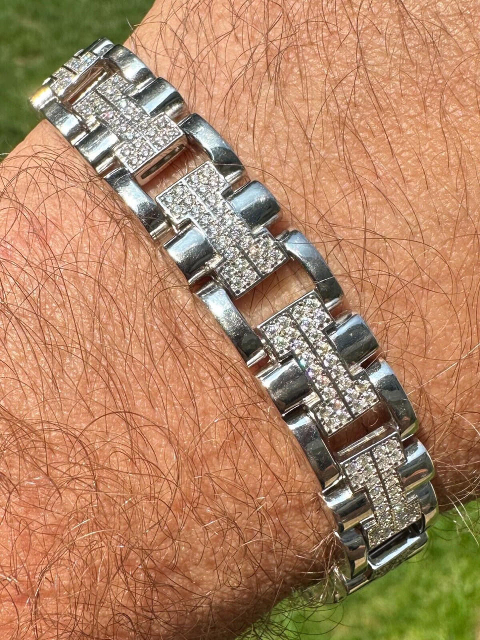 Custom Hermes Presidential Link Bracelet Iced Out CZ Stones - 925 Silver - 12mm - 7.5"-8.5"