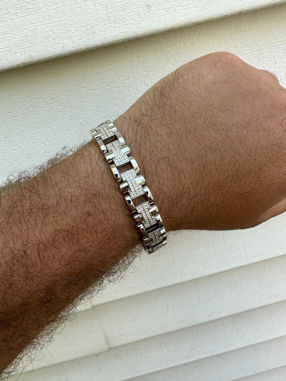 Custom Hermes Presidential Link Bracelet Iced Out CZ Stones - 925 Silver - 12mm - 7.5"-8.5"