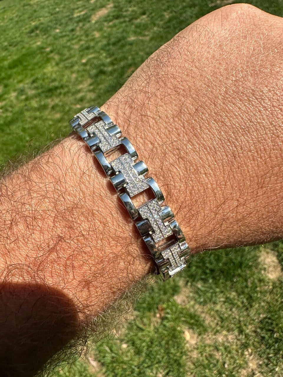 Custom Hermes Presidential Link Bracelet Iced Out CZ Stones - 925 Silver - 12mm - 7.5"-8.5"
