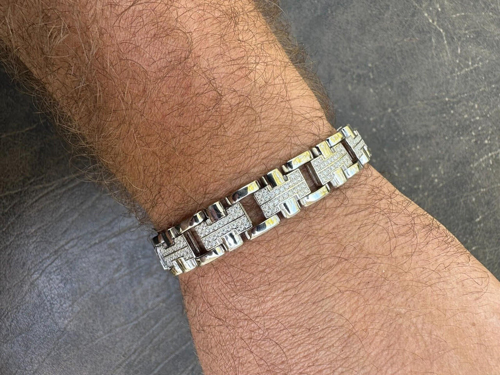 Custom Hermes Presidential Link Bracelet Iced Out CZ Stones - 925 Silver - 12mm - 7.5"-8.5"