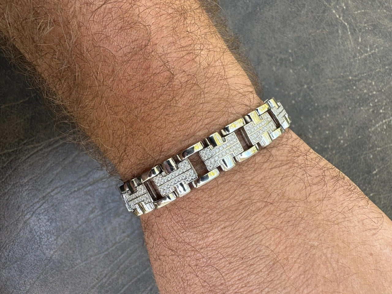 Custom Hermes Presidential Link Bracelet Iced Out CZ Stones - 925 Silver - 12mm - 7.5"-8.5"