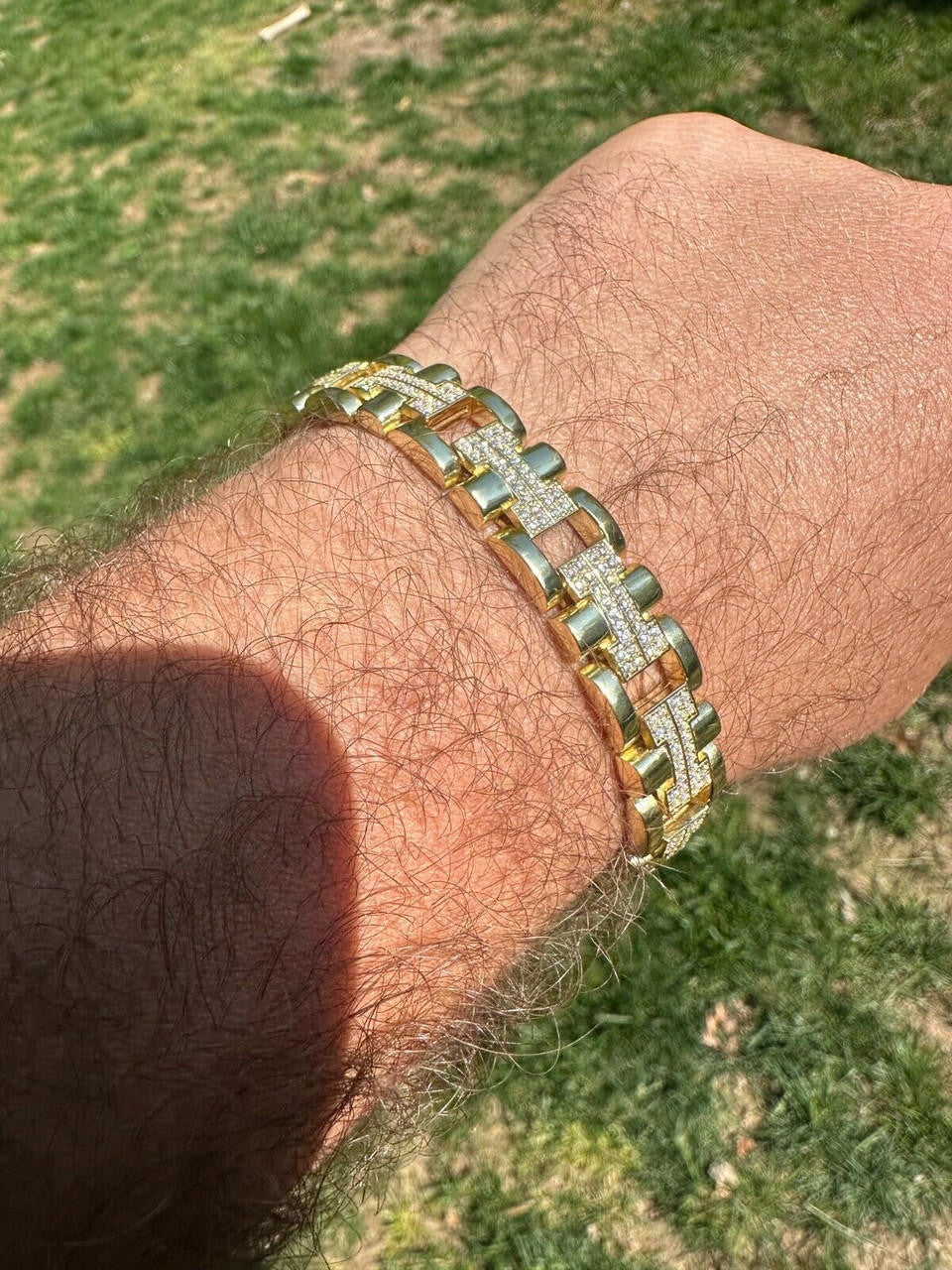 Custom Hermes Presidential Link Bracelet Iced Out CZ Stones - 14k Gold Vermeil 925 Silver - 12mm - 7.5"-8.5"