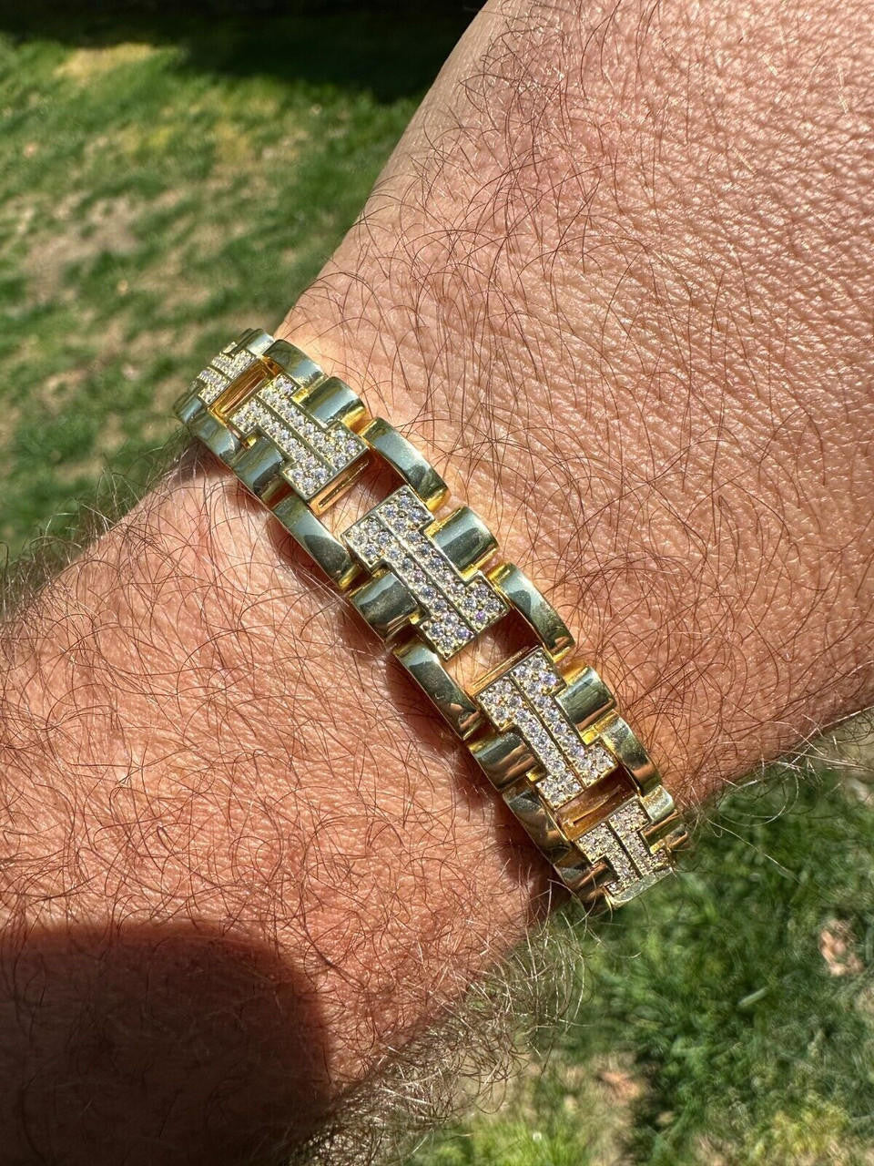 Custom Hermes Presidential Link Bracelet Iced Out CZ Stones - 14k Gold Vermeil 925 Silver - 12mm - 7.5"-8.5"