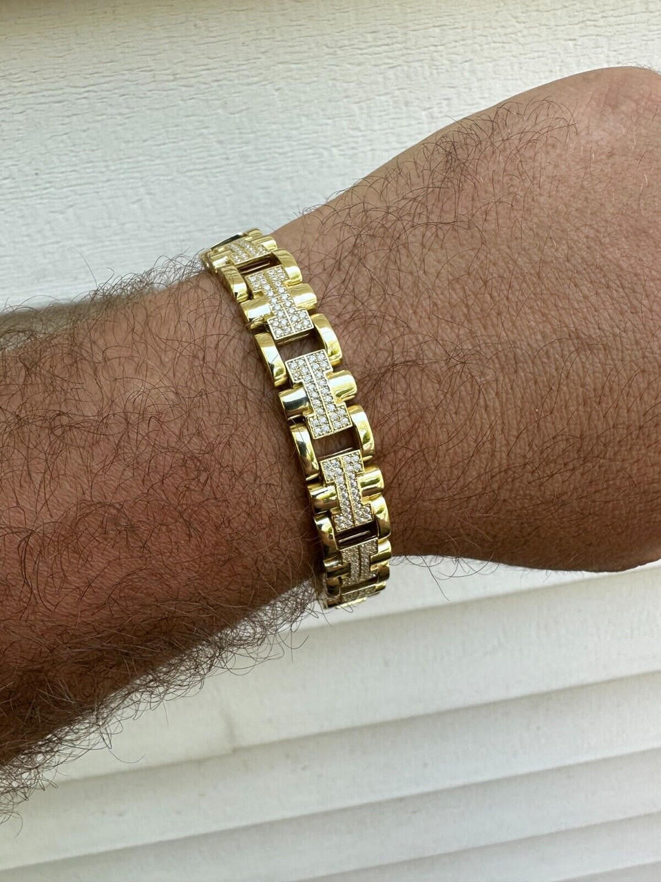 Custom Hermes Presidential Link Bracelet Iced Out CZ Stones - 14k Gold Vermeil 925 Silver - 12mm - 7.5"-8.5"