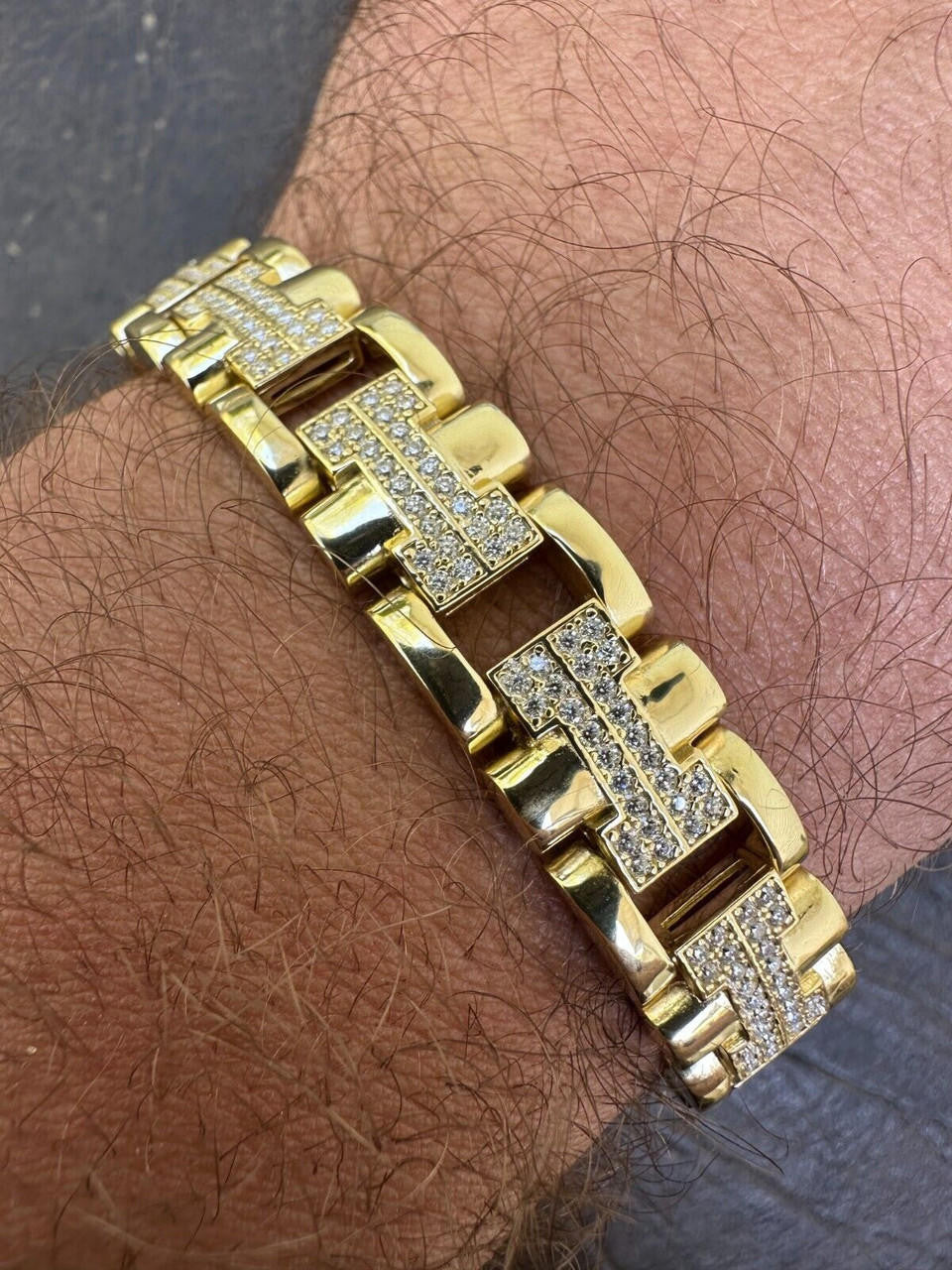 Custom Hermes Presidential Link Bracelet Iced Out CZ Stones - 14k Gold Vermeil 925 Silver - 12mm - 7.5"-8.5"
