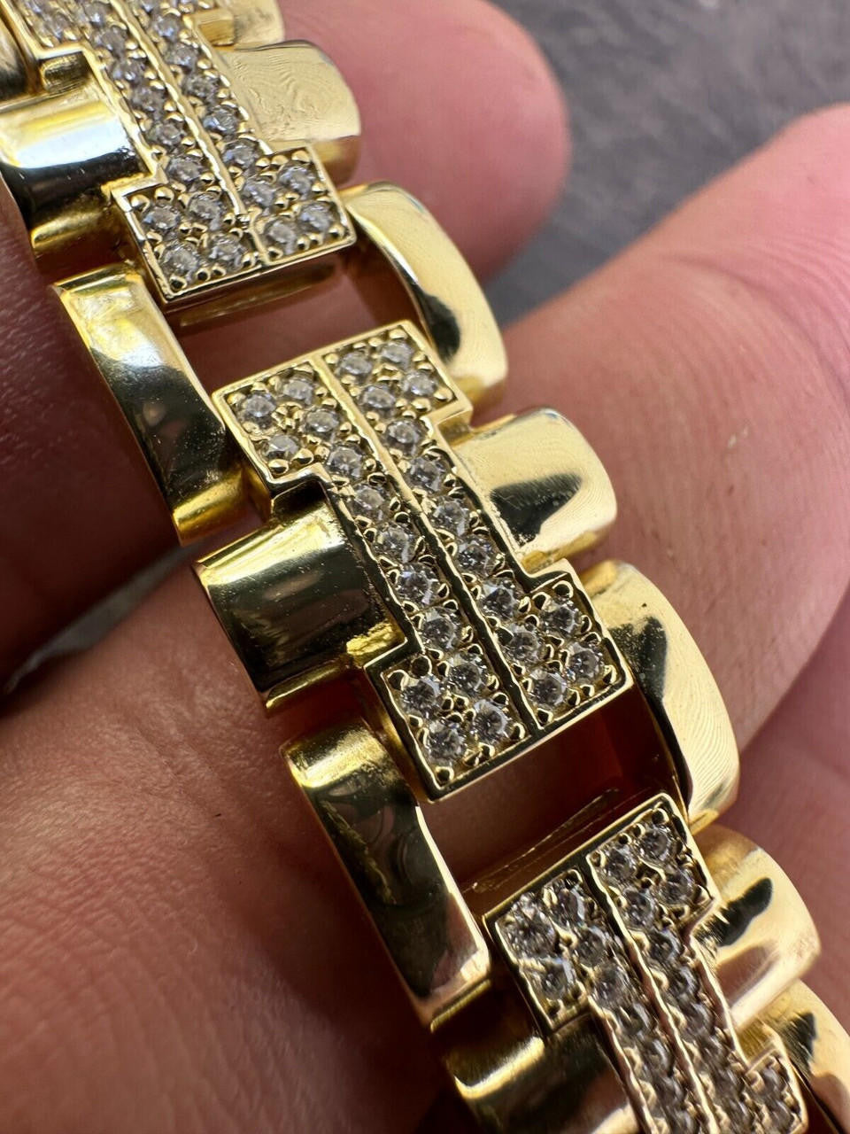 Custom Hermes Presidential Link Bracelet Iced Out CZ Stones - 14k Gold Vermeil 925 Silver - 12mm - 7.5"-8.5"