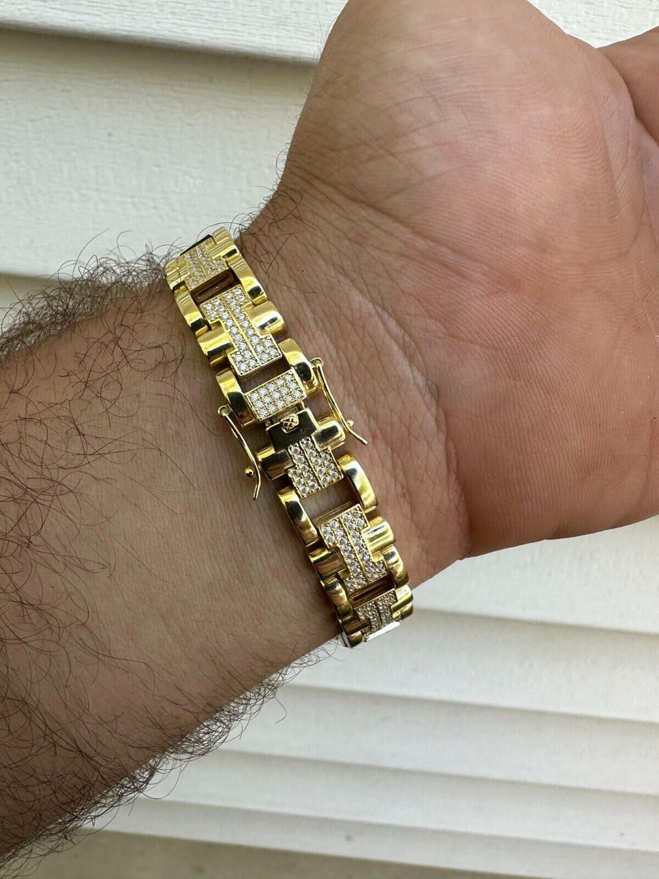 Custom Hermes Presidential Link Bracelet Iced Out CZ Stones - 14k Gold Vermeil 925 Silver - 12mm - 7.5"-8.5"