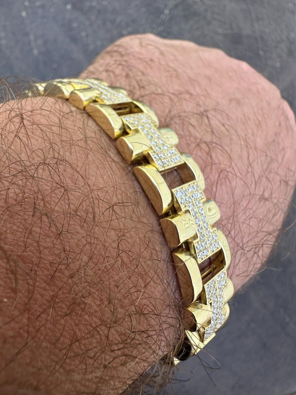 Custom Hermes Presidential Link Bracelet Iced Out CZ Stones - 14k Gold Vermeil 925 Silver - 12mm - 7.5"-8.5"