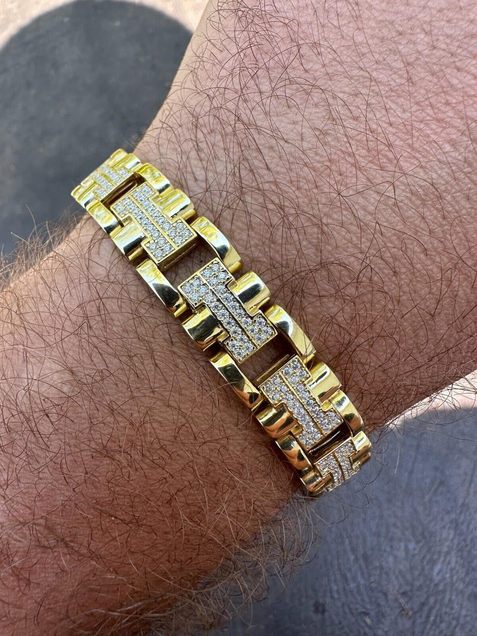 Custom Hermes Presidential Link Bracelet Iced Out CZ Stones - 14k Gold Vermeil 925 Silver - 12mm - 7.5"-8.5"