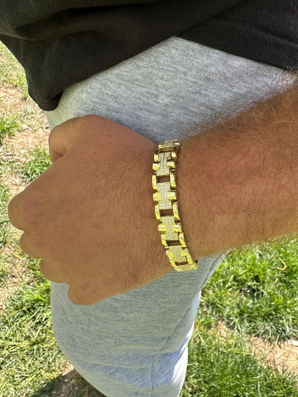 Custom Hermes Presidential Link Bracelet Iced Out CZ Stones - 14k Gold Vermeil 925 Silver - 12mm - 7.5"-8.5"