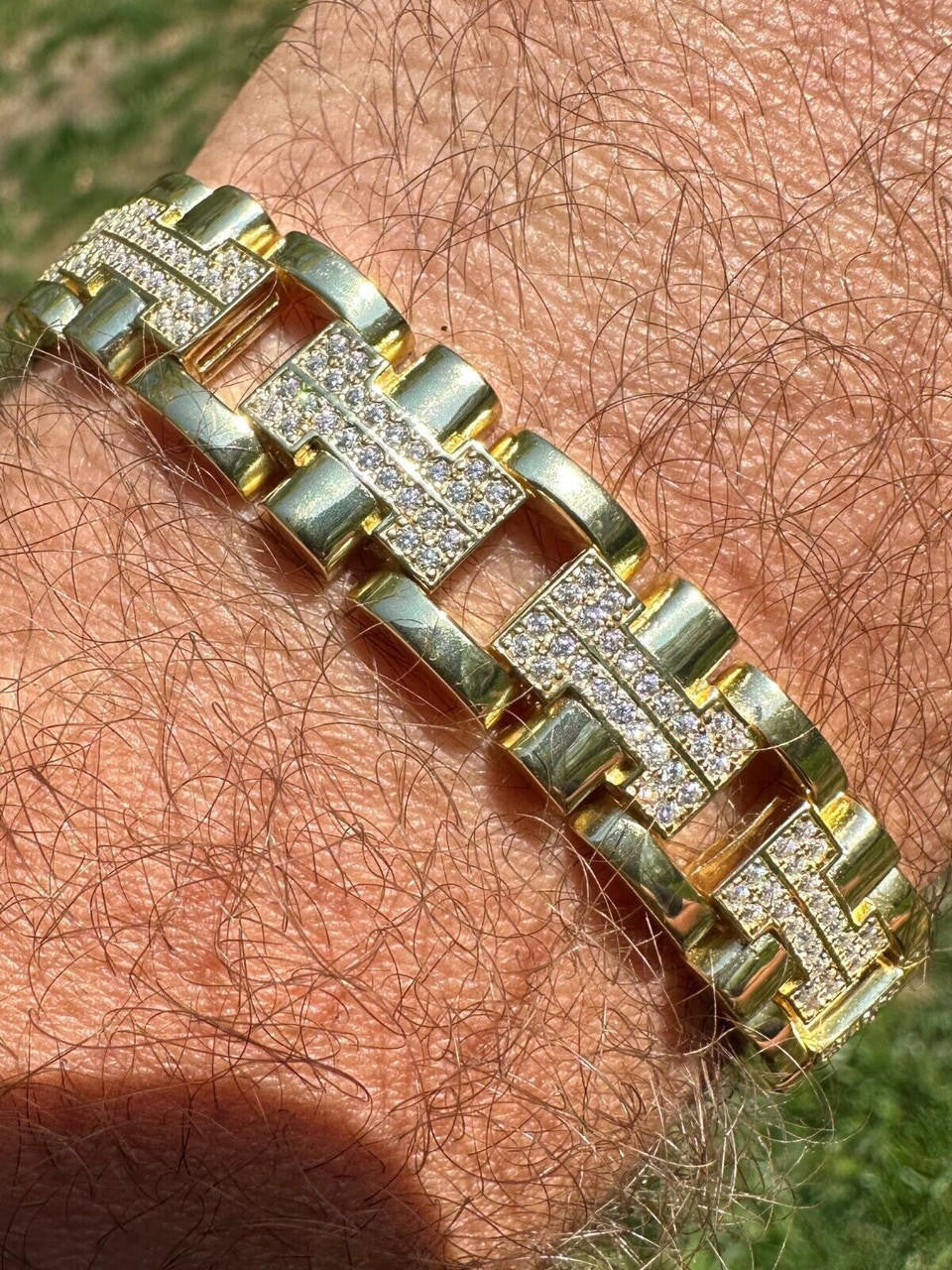 Custom Hermes Presidential Link Bracelet Iced Out CZ Stones - 14k Gold Vermeil 925 Silver - 12mm - 7.5"-8.5"