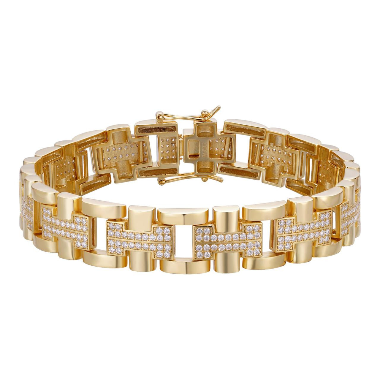 Custom Hermes Presidential Link Bracelet Iced Out CZ Stones - 14k Gold Vermeil 925 Silver - 12mm - 7.5"-8.5"