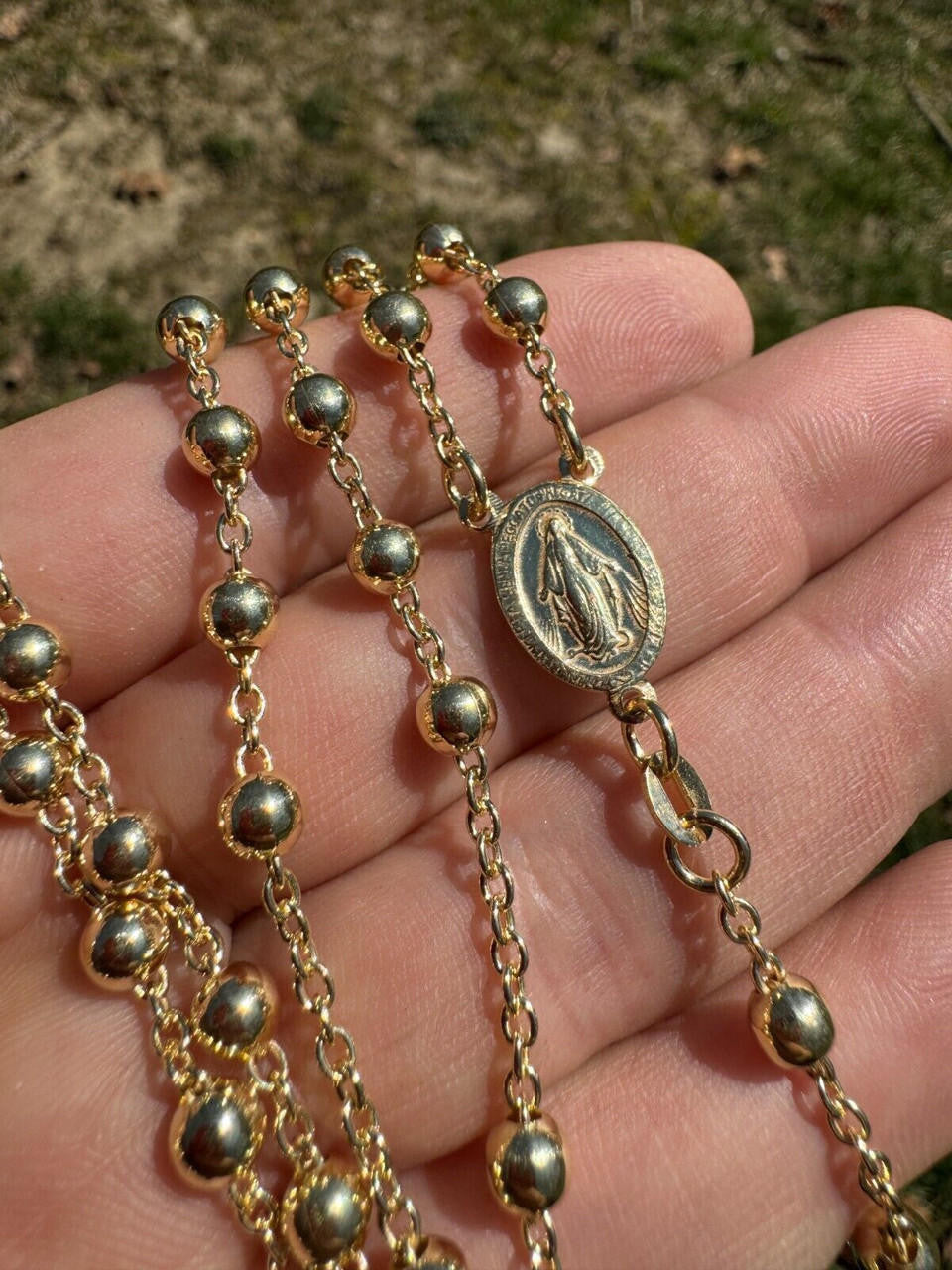 Men's 30" Long Rosary Beads Necklace 14k Gold Over 925 Silver Rosario ITALY 5mm