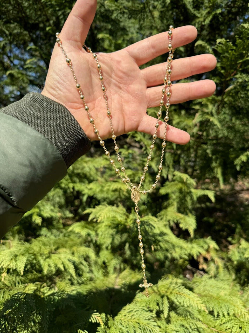 Men's 30" Long Rosary Beads Necklace 14k Gold Over 925 Silver Rosario ITALY 5mm