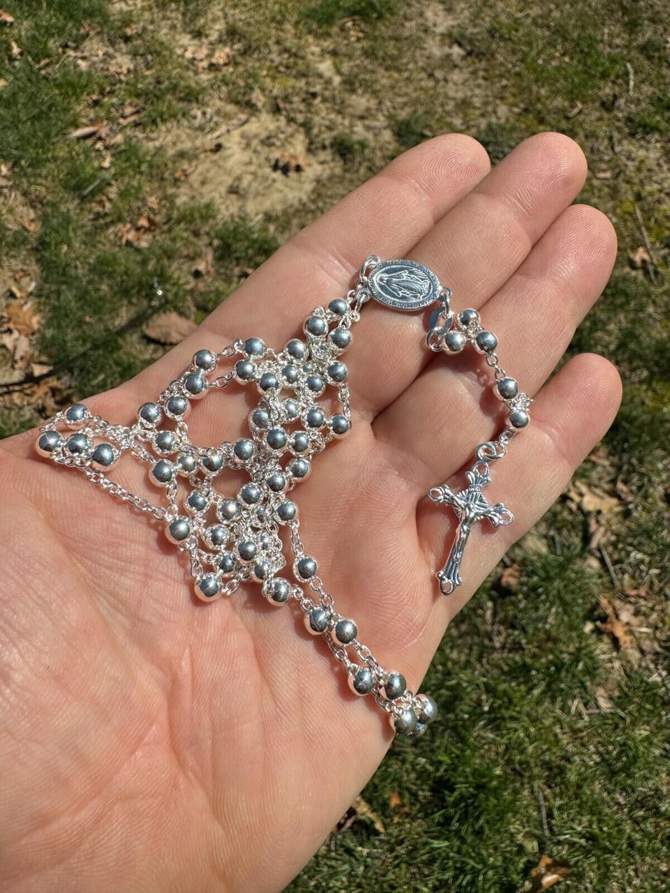 Hail Mary & Our Father Rosary Beads Necklace - 925 Silver - 5mm - 30"