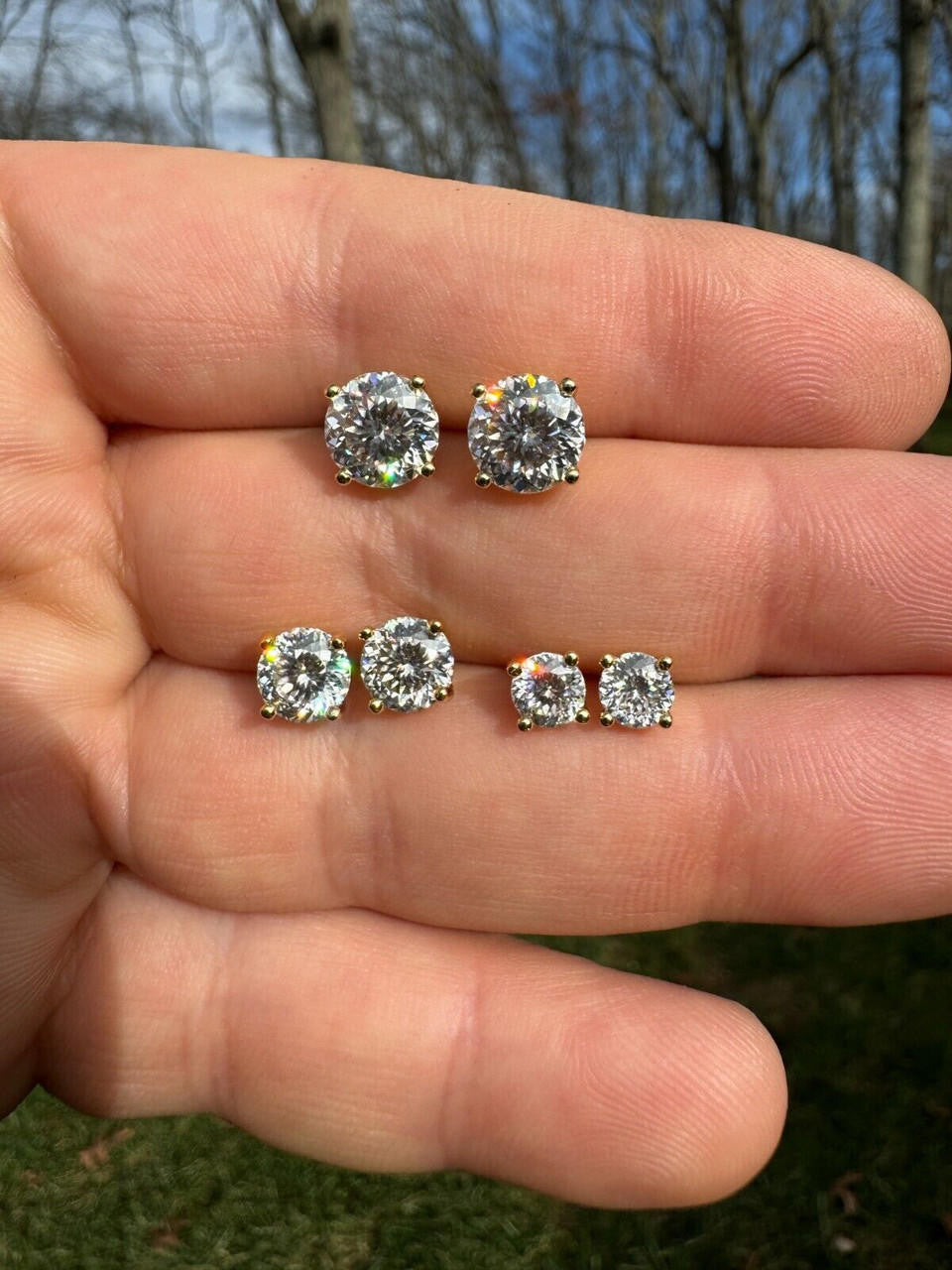 MOISSANITE Portuguese Cut - 100 Facets Each Stone - Solitaire Stud Earrings - 14k Gold Vermeil 925 Silver - 5mm-8mm - 1-4ct