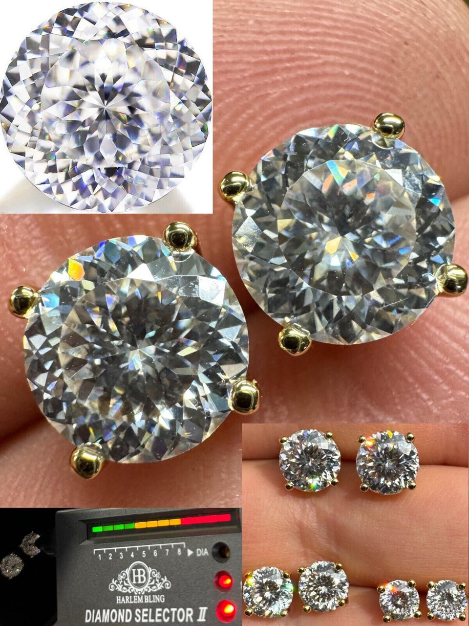 MOISSANITE Portuguese Cut - 100 Facets Each Stone - Solitaire Stud Earrings - 14k Gold Vermeil 925 Silver - 5mm-8mm - 1-4ct