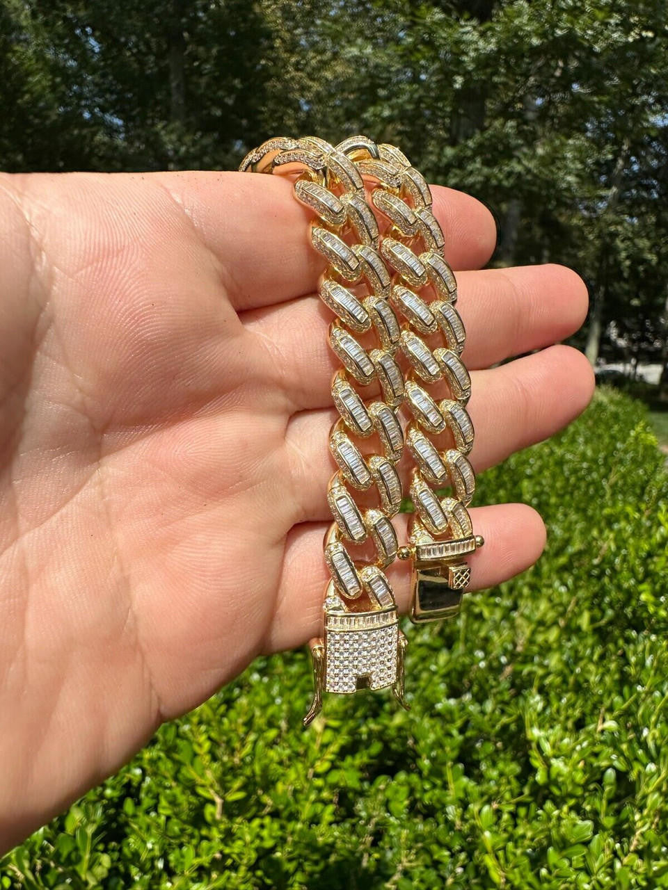 Classic Baguette Miami Cuban Link Braceket Iced Out - 14k Gold Vermeil 925 Silver - 12mm - 7"-8.5"